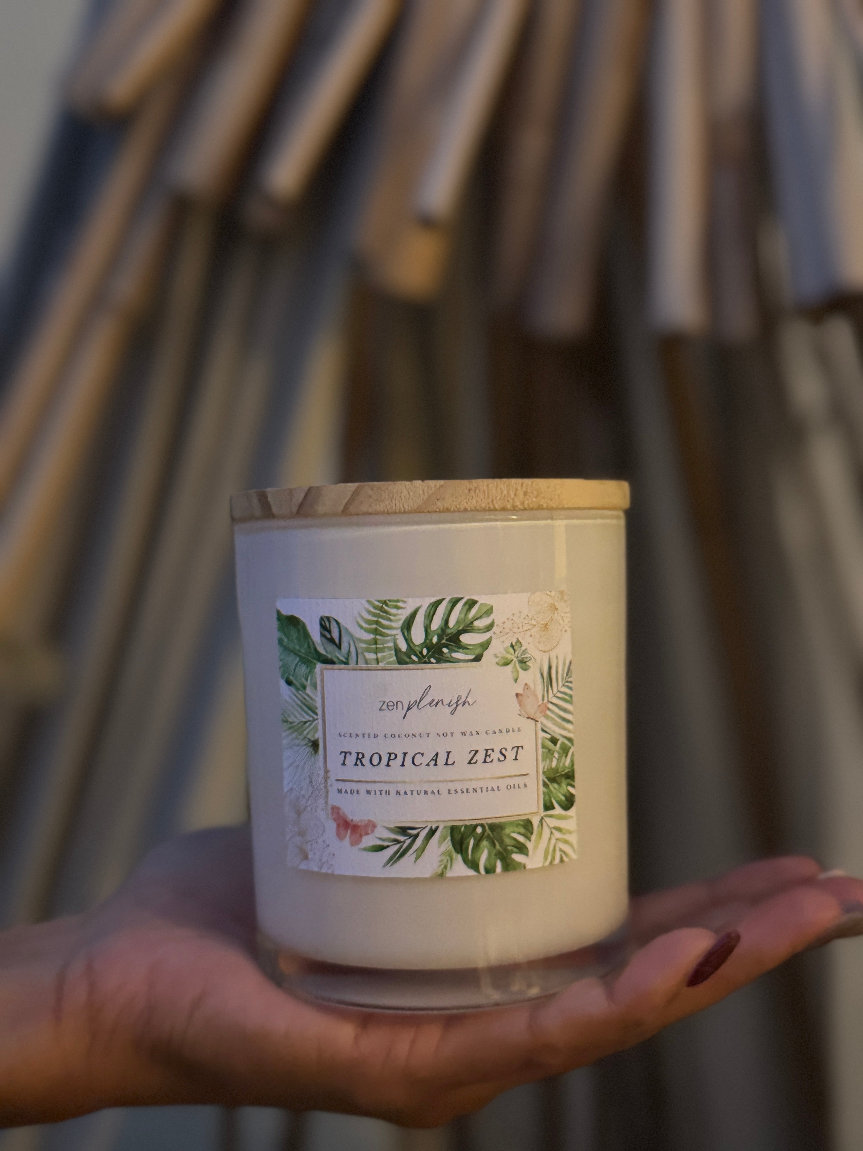 Natural coconut soy wax candle, essential oils, Tropical Zest, Zenplenish UAE, Grapefruit, Lemongrass, Lemon, Neroli, Gardenia, Verbena, Natural Fragrance, Home