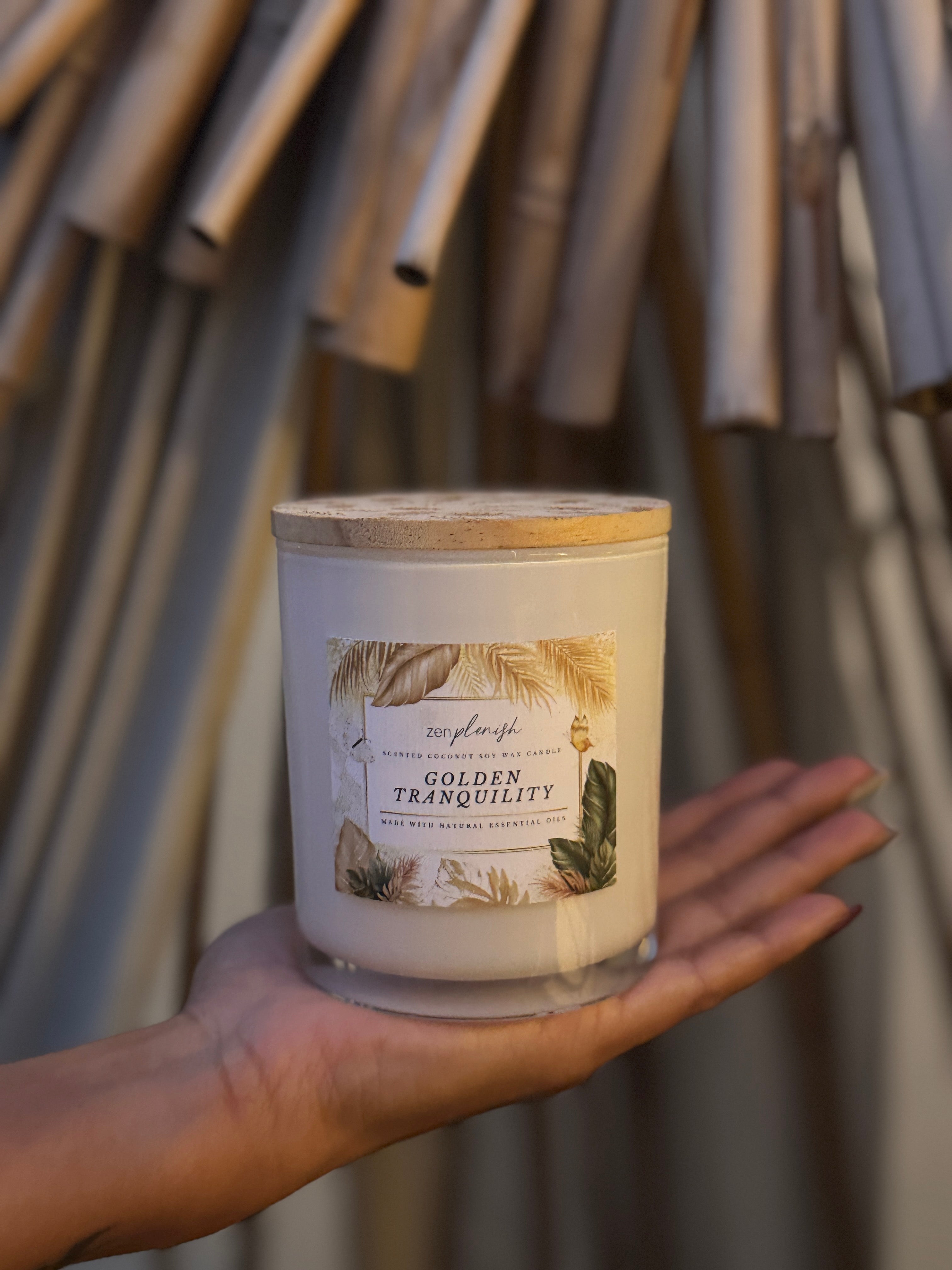 Natural coconut soy wax candle, essential oils Golden Tranquility Zenplenish, UAE, ylang ylang, bergamot, vanilla, gardenia, patchouli, natural fragrance