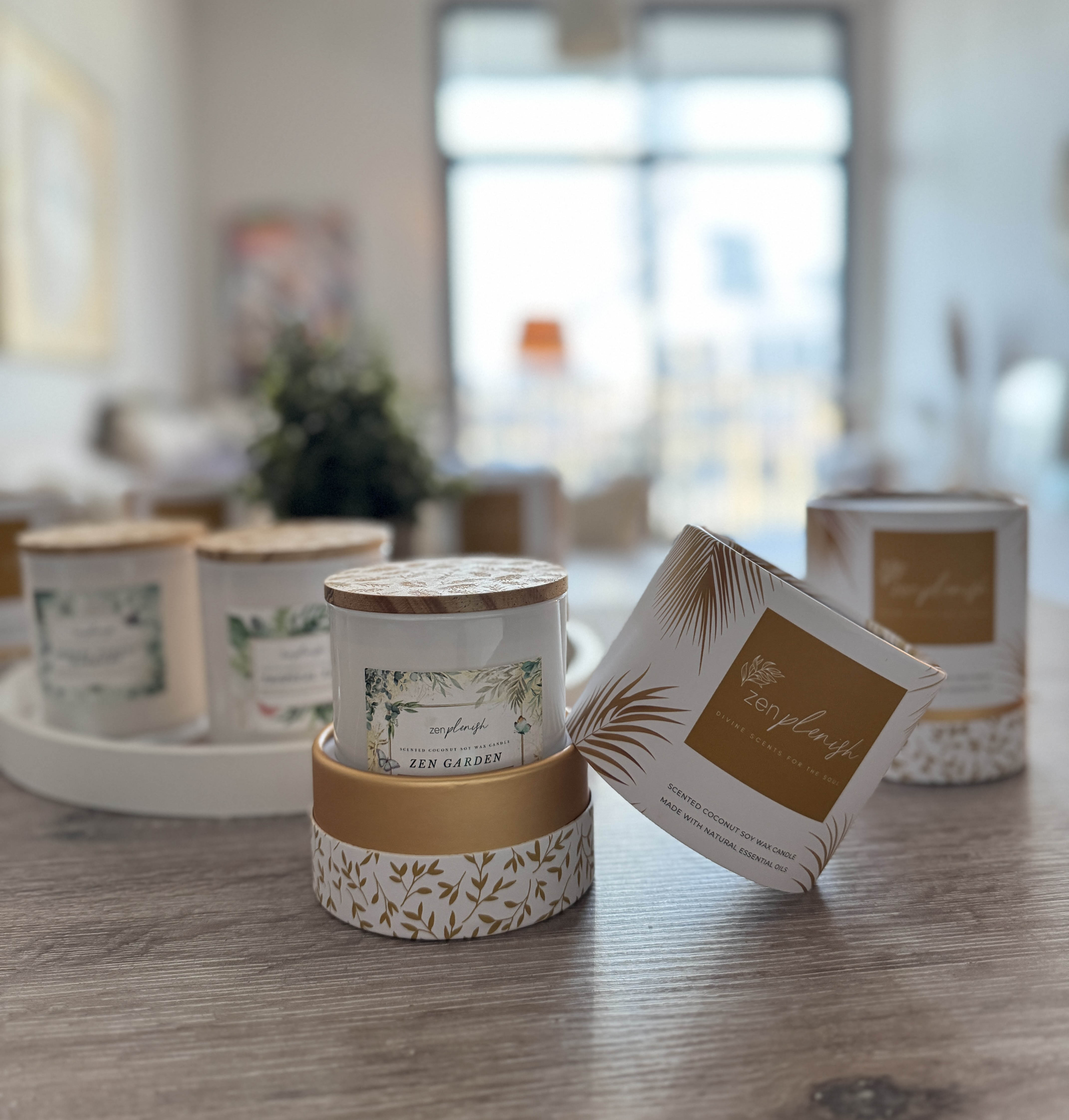 natural coconut soy wax candle, essential oils, elegant box packaging, UAE, Zenplenish