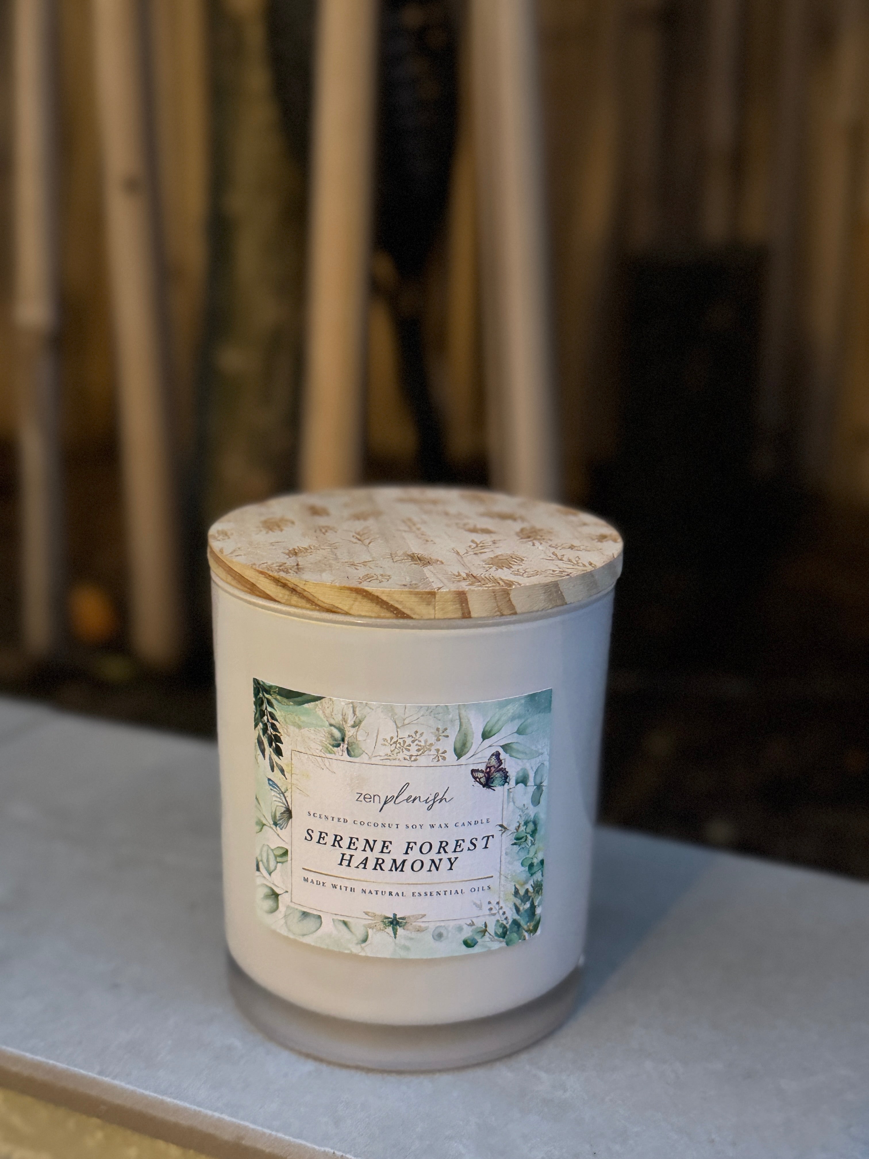 natural coconut soy wax candle, essential oils, serene forest harmony, Zenplenish, UAE, natural fragrance, lavender, sandalwood, sage, tea tree
