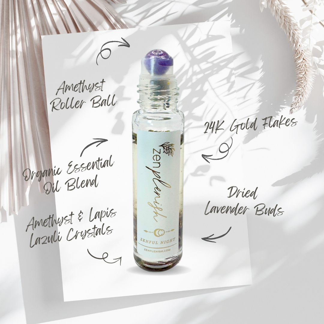 Clean Luxury Essential oil roll on, zenplenish, zenful night, roller bottle, amethyst, lavender, vanilla, chamomile, ylang ylang, sandalwood, lime, natural fragrance, 24K gold, crystals