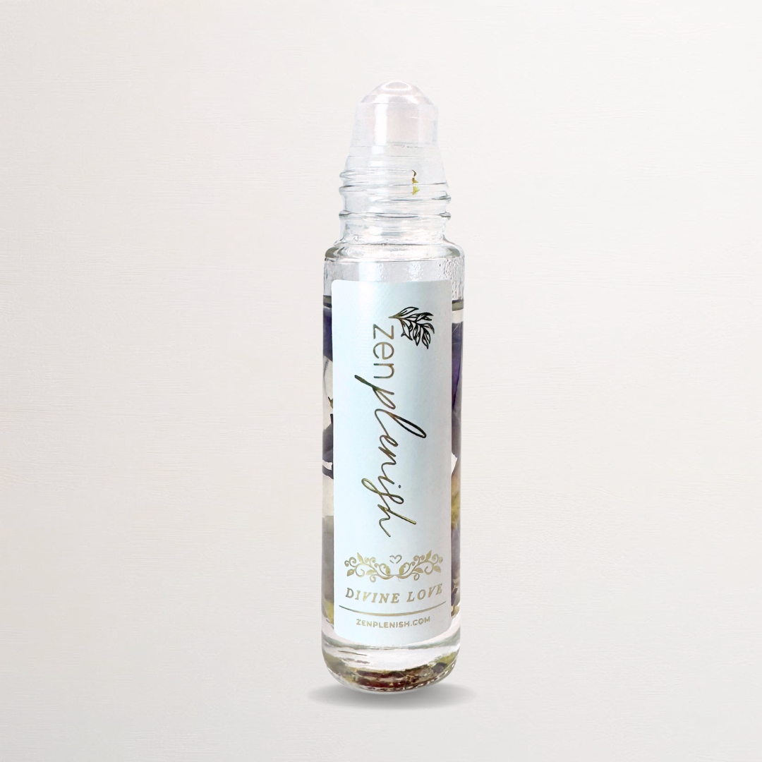 Clean Luxury Essential oil roll on, zenplenish, divine love, roller bottle, quartz, vanilla, bergamot, ylang ylang, sandalwood, jasmine, gardenia, blue lotus, natural fragrance, 24K gold, crystals