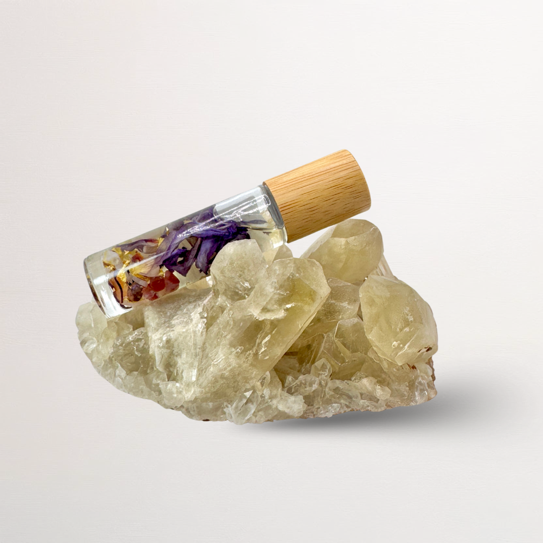 Clean Luxury Essential oil roll on, zenplenish, divine love, roller bottle, quartz, vanilla, bergamot, ylang ylang, sandalwood, jasmine, gardenia, blue lotus, natural fragrance, 24K gold, crystals