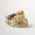 Clean Luxury Essential oil roll on, zenplenish, divine love, roller bottle, quartz, vanilla, bergamot, ylang ylang, sandalwood, jasmine, gardenia, blue lotus, natural fragrance, 24K gold, crystals