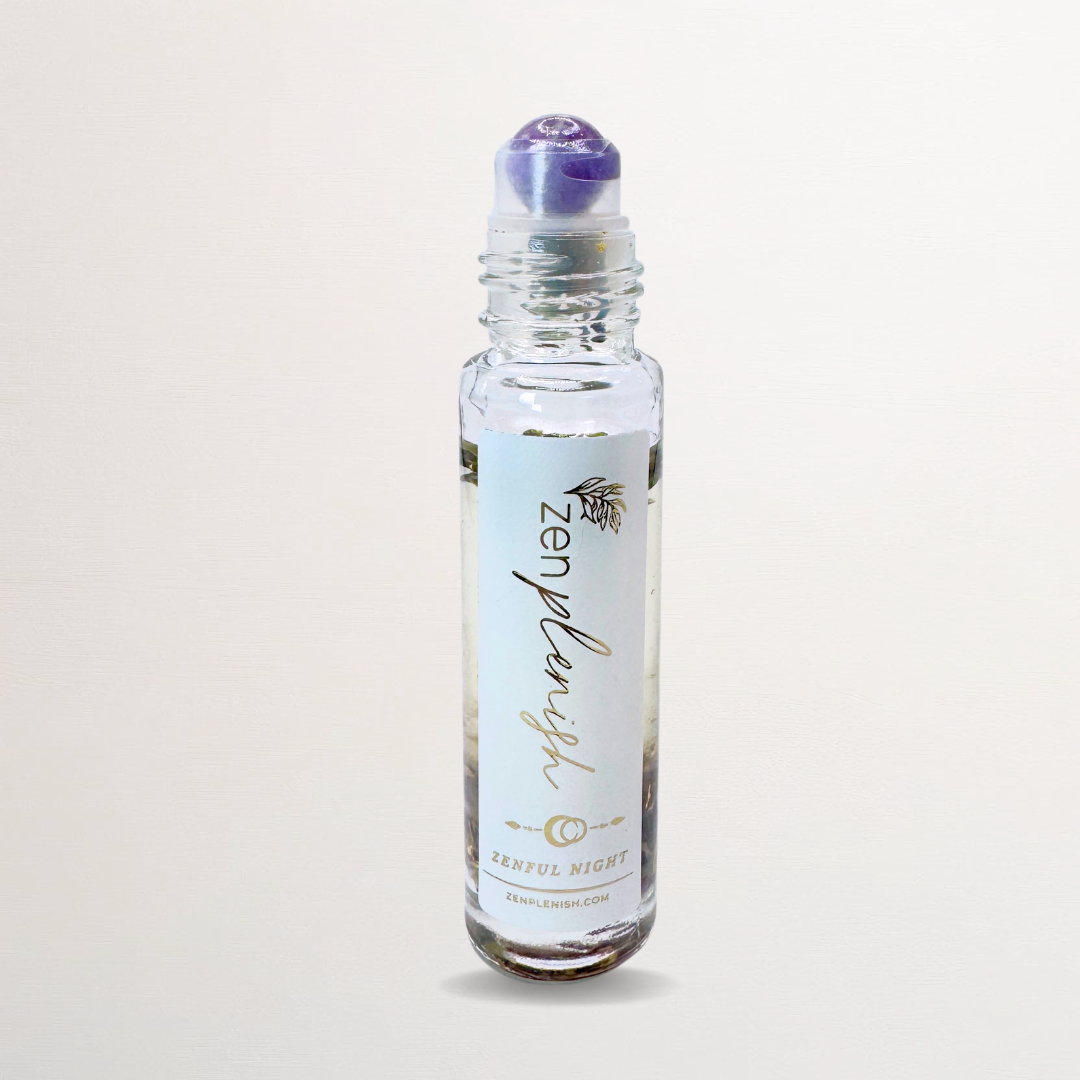 Clean Luxury Essential oil roll on, zenplenish, zenful night, roller bottle, amethyst, lavender, vanilla, chamomile, ylang ylang, sandalwood, lime, natural fragrance, 24K gold, crystals