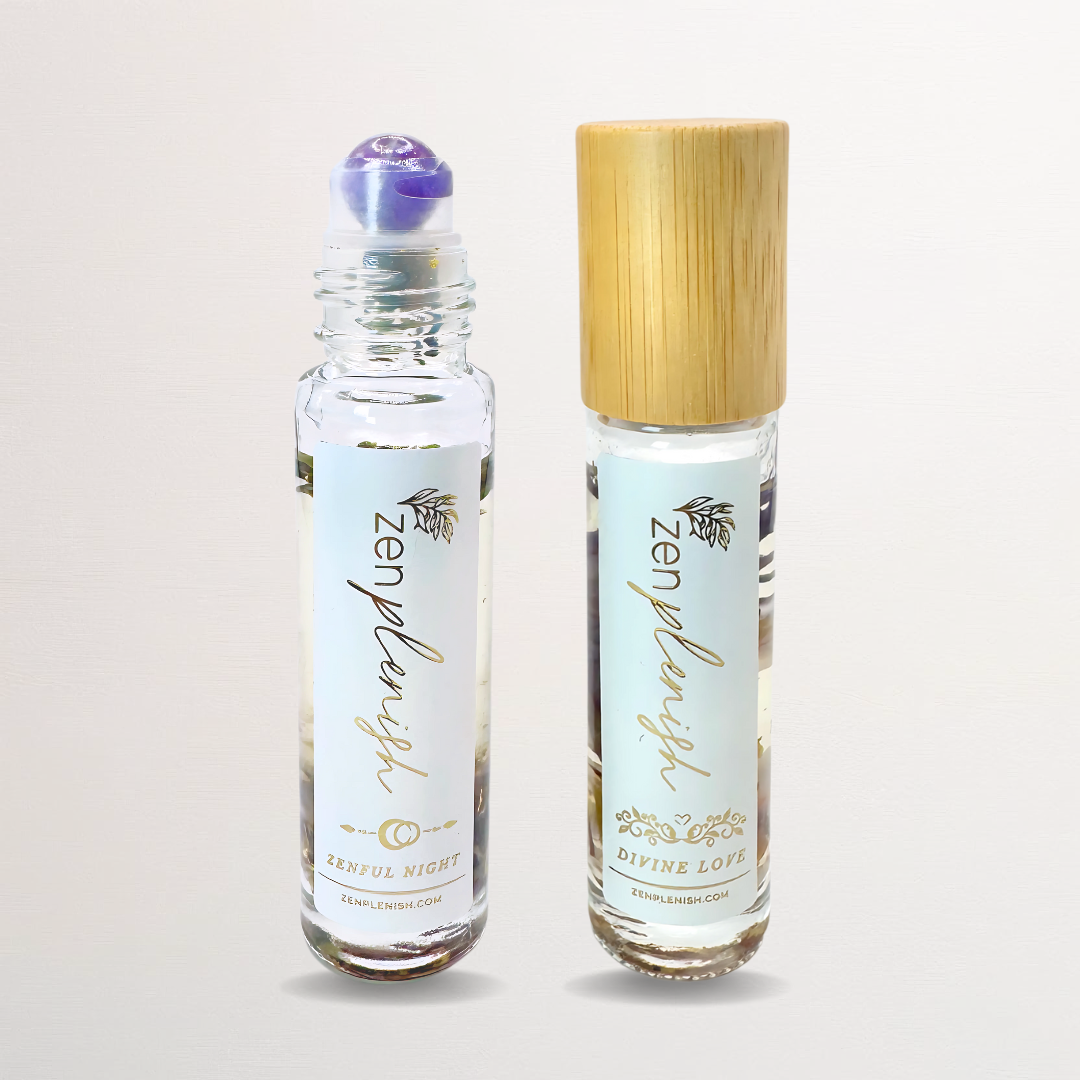 Clean Luxury Essential oil roll on, zenplenish, divine love, zenful night, roller bottle, natural fragrance, 24K gold, crystals