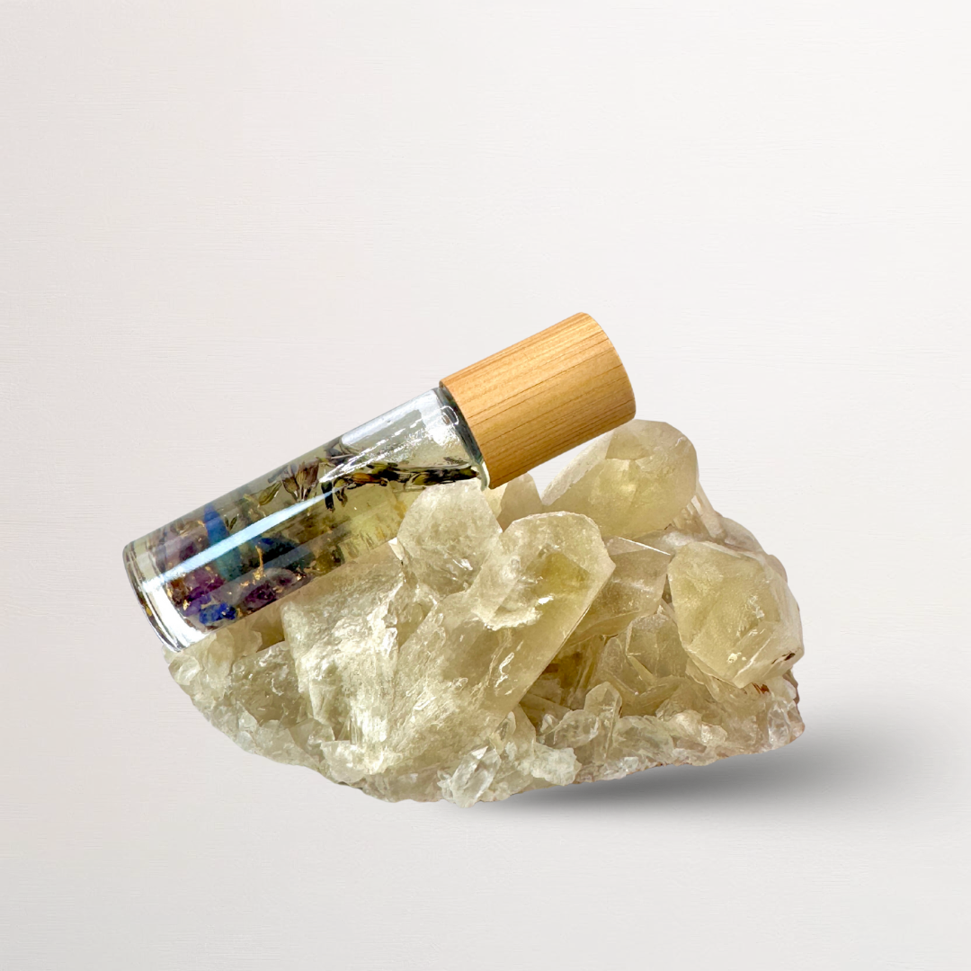 Clean Luxury Essential oil roll on, zenplenish, zenful night, roller bottle, amethyst, lavender, vanilla, chamomile, ylang ylang, sandalwood, lime, natural fragrance, 24K gold, crystals