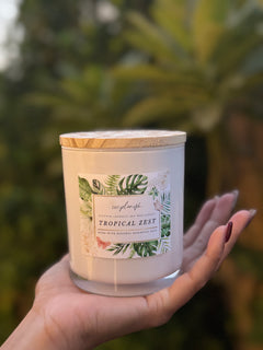 Natural coconut soy wax candle, essential oils, Tropical Zest, Zenplenish UAE, Grapefruit, Lemongrass, Lemon, Neroli, Gardenia, Verbena, Natural Fragrance, Home