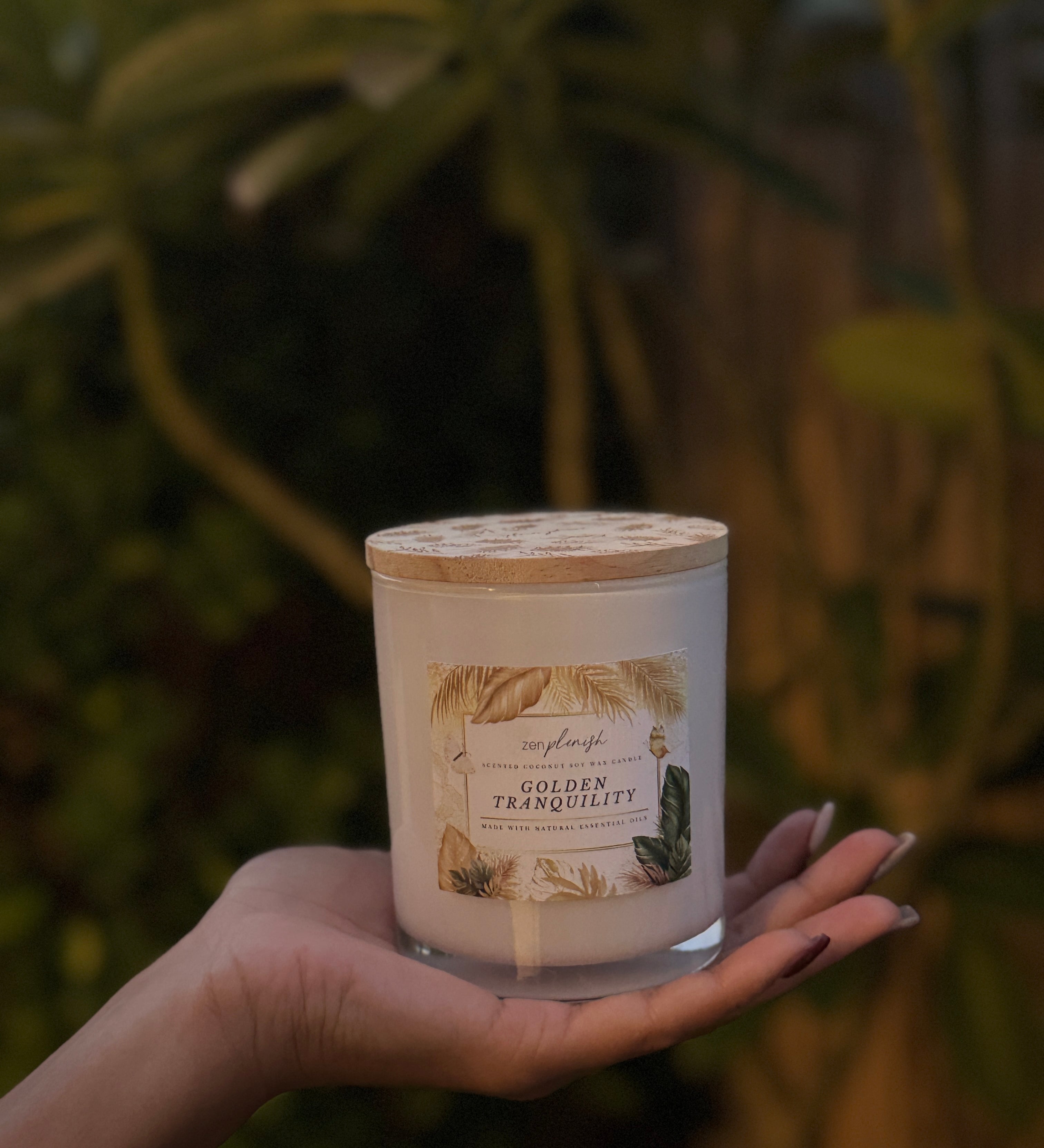 Natural coconut soy wax candle, essential oils Golden Tranquility Zenplenish, UAE, ylang ylang, bergamot, vanilla, gardenia, patchouli, natural fragrance
