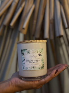natural coconut soy wax candle, essential oils, serene forest harmony, Zenplenish, UAE, natural fragrance, lavender, sandalwood, sage, tea tree