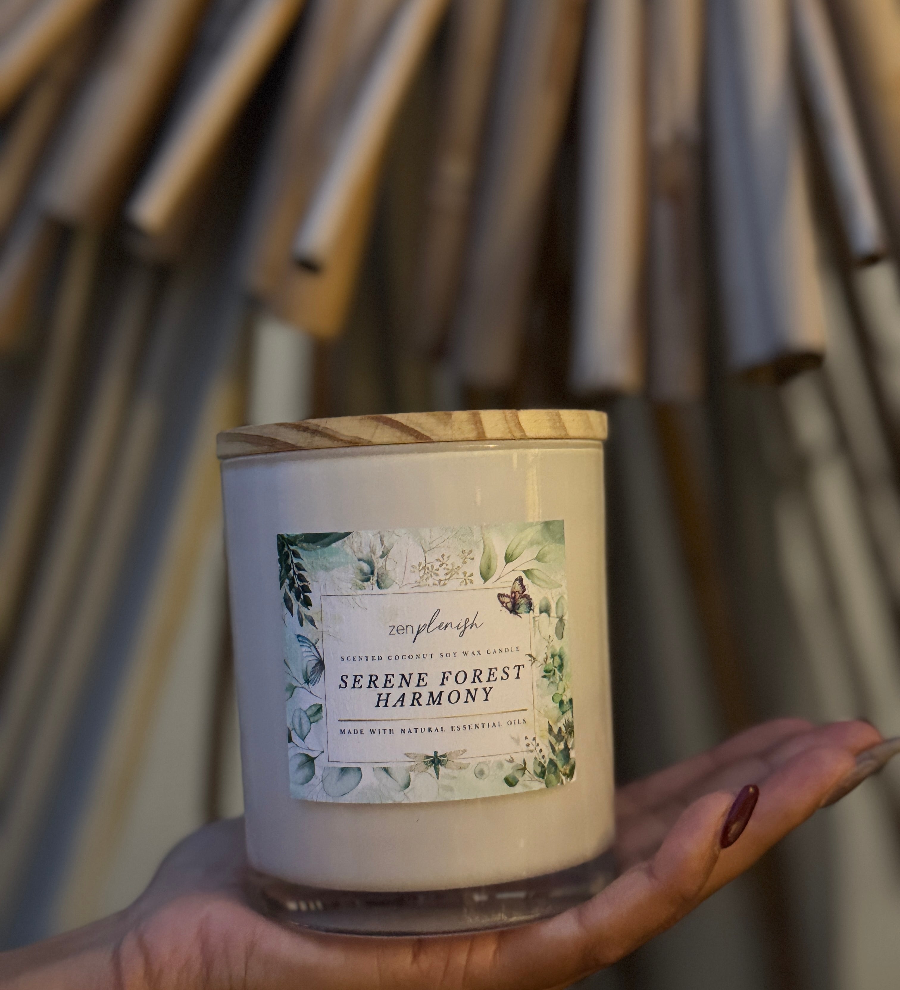 natural coconut soy wax candle, essential oils, serene forest harmony, Zenplenish, UAE, natural fragrance, lavender, sandalwood, sage, tea tree