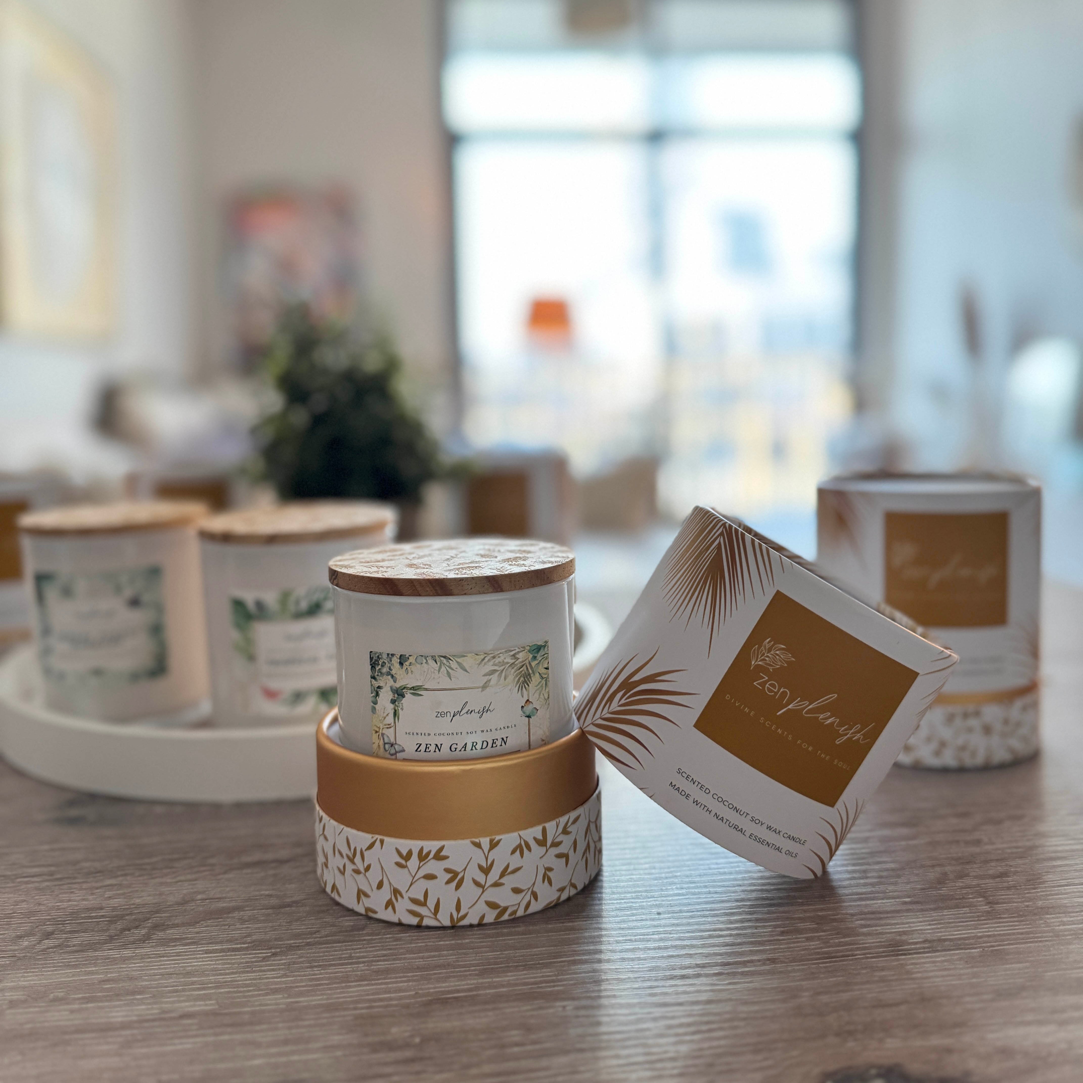 natural coconut soy wax candle, essential oils, elegant box packaging, UAE, Zenplenish