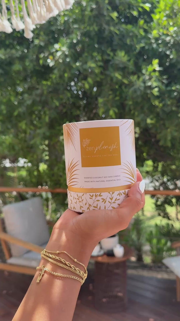 natural coconut soy wax candle, essential oils, elegant box packaging, Zenplenish, UAE